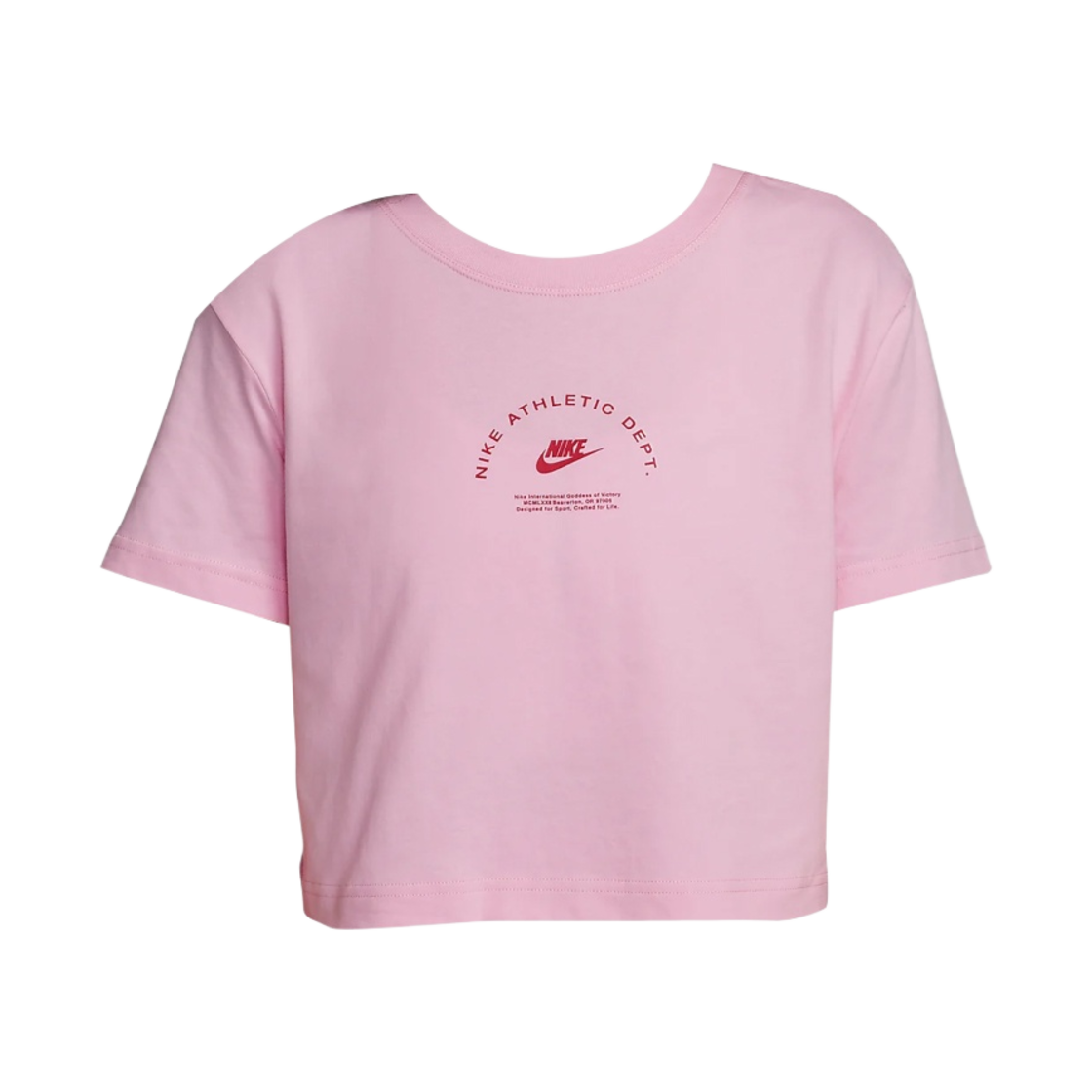 (W) 나이키 스포츠 크롭 티셔츠 미디엄 소프트 핑크 유니버시티 레드 화이트 - 아시아((W) Nike Sport Cropped T-Shirt Medium Soft Pink University Red White - Asia) - 1