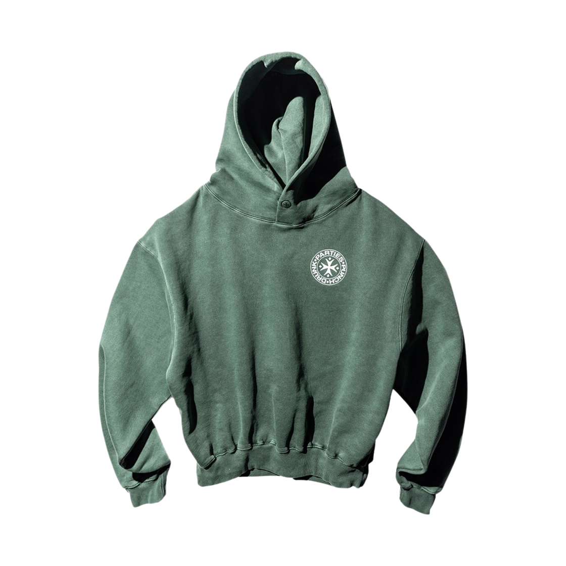 펀치 드렁크 파티즈 서클 로고 가먼트 다이드 후드 그린