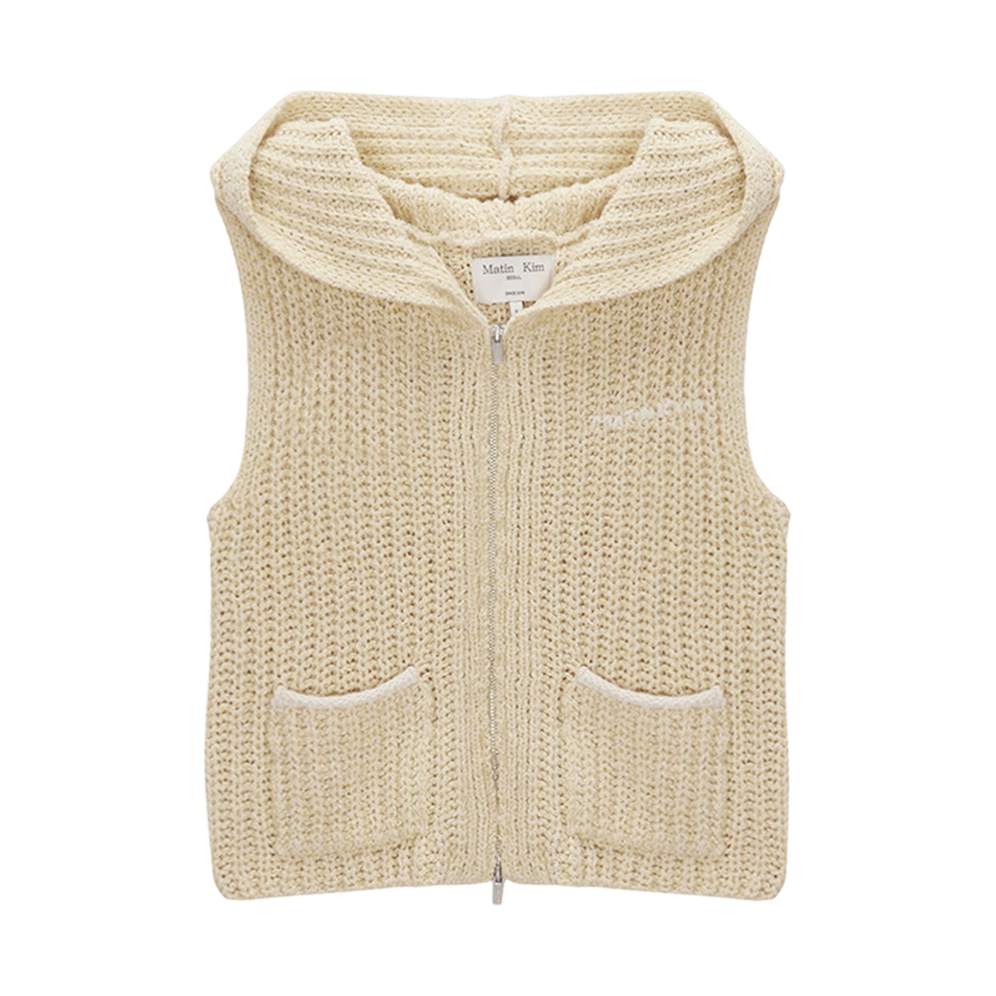 (W) 마뗑킴 포켓 후디 집업 니트 베스트 라이트 옐로우((W) Matin Kim Pocket Hoody Zip Up Knit Vest Light Yellow) - 1