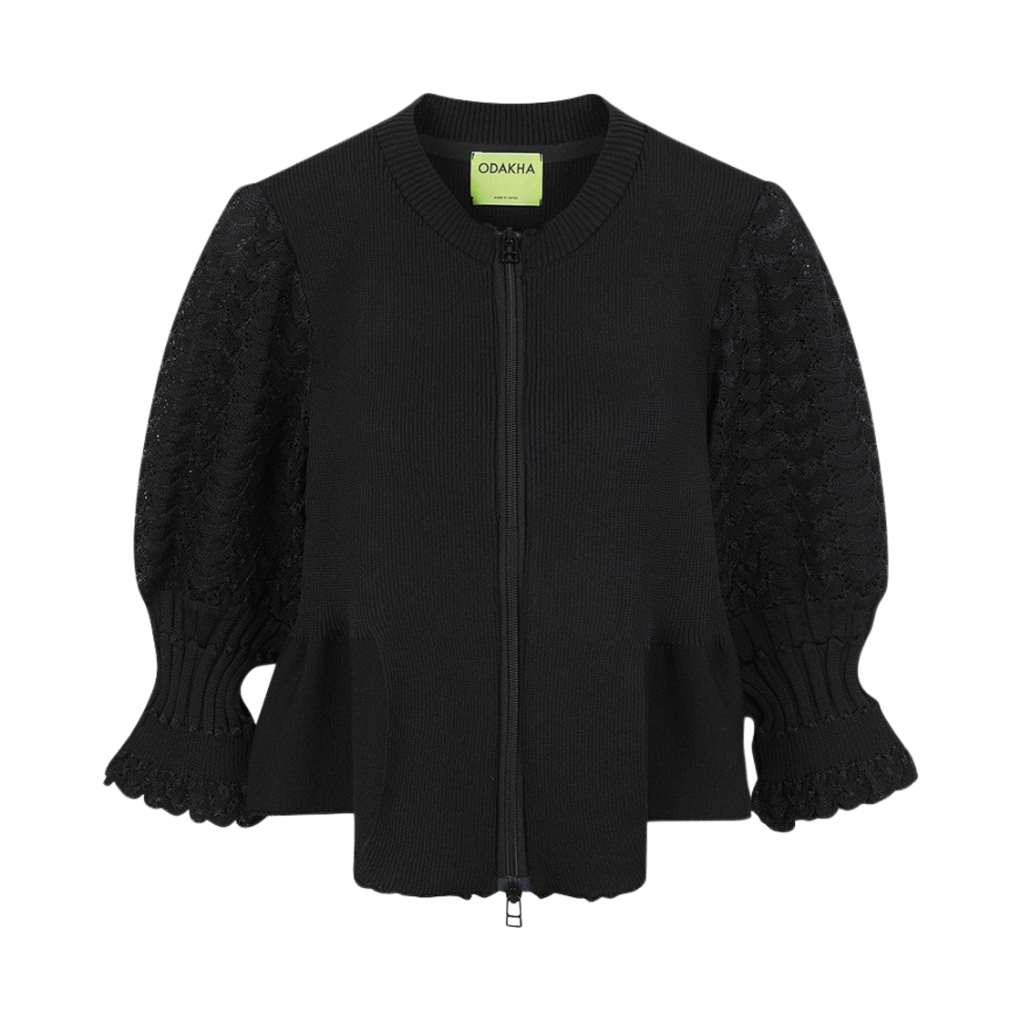 오다카 우먼 퍼프 슬리브 W 지퍼 가이노이드 니트 블랙 - 24FW(Odakha Women Puff Sleeves W Zipper Gynoid Knit Black - 24FW)