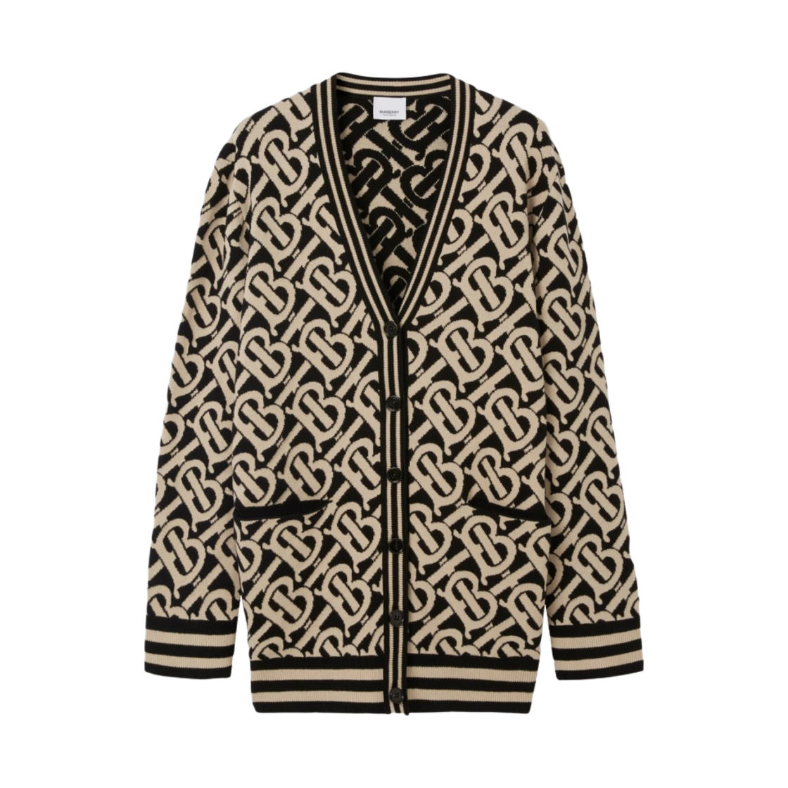 (W) 버버리 모노그램 울 블렌드 자카드 가디건 블랙((W) Burberry Monogram Wool Blend Jacquard Cardigan Black) - 1