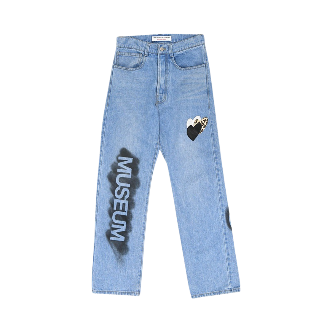 더뮤지엄비지터 레더 패치 스프레이드 데님 팬츠 블루 - 22FW