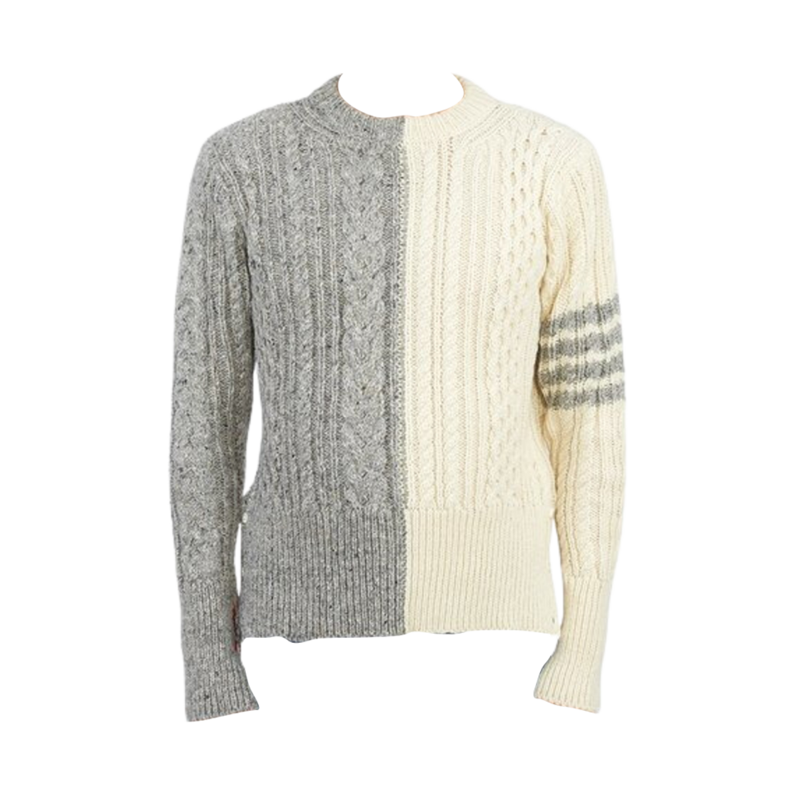 MKA411F-Y1506-055 Thom Browne Fun-Mix Aran Cable Donegal 4-Bar Pullover Light Grey