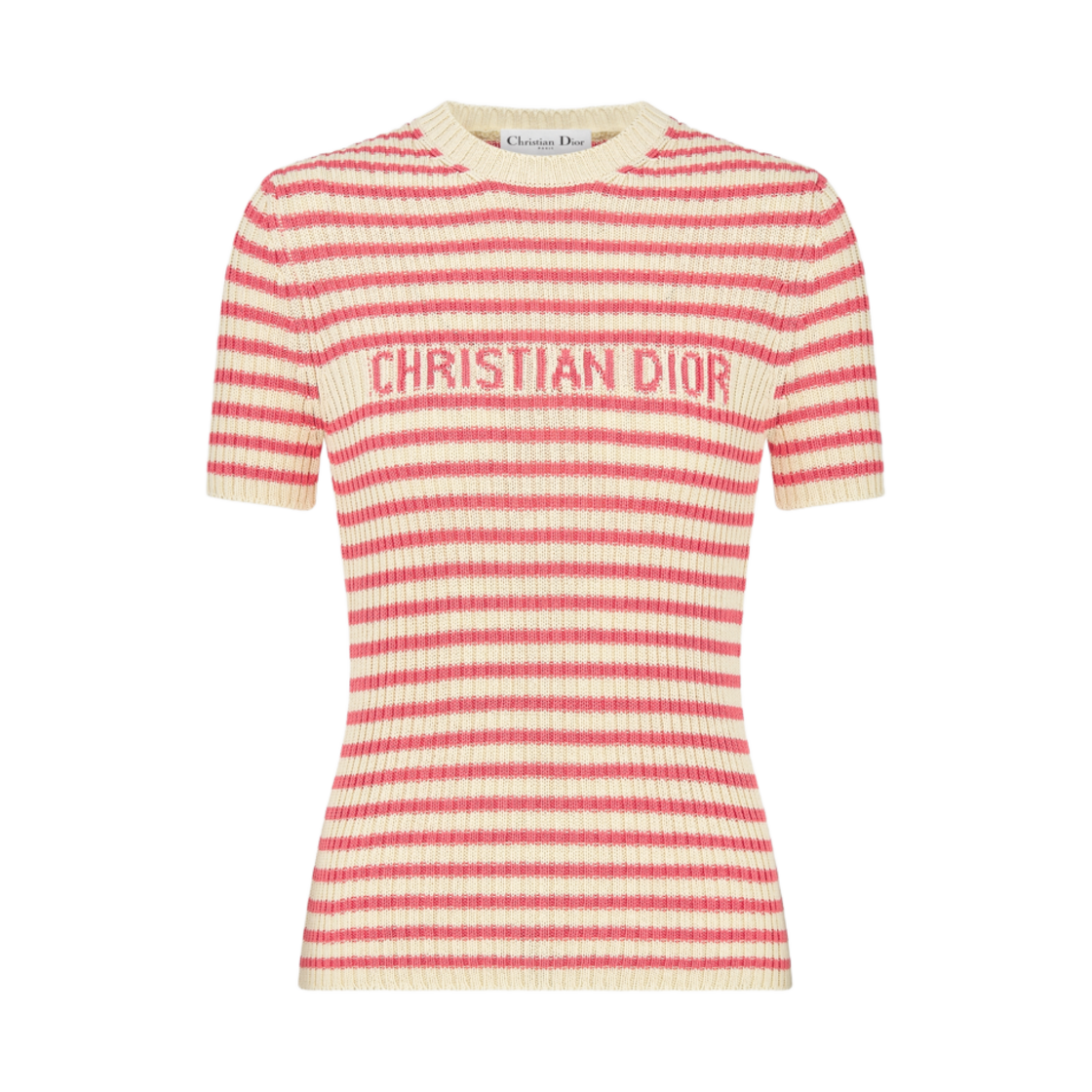 444S15AM779-X4844 (W) Dior Cotton Ribbed Knit with Dior Mariniere Motif Dioriviera S/S Sweater White Candy Pink