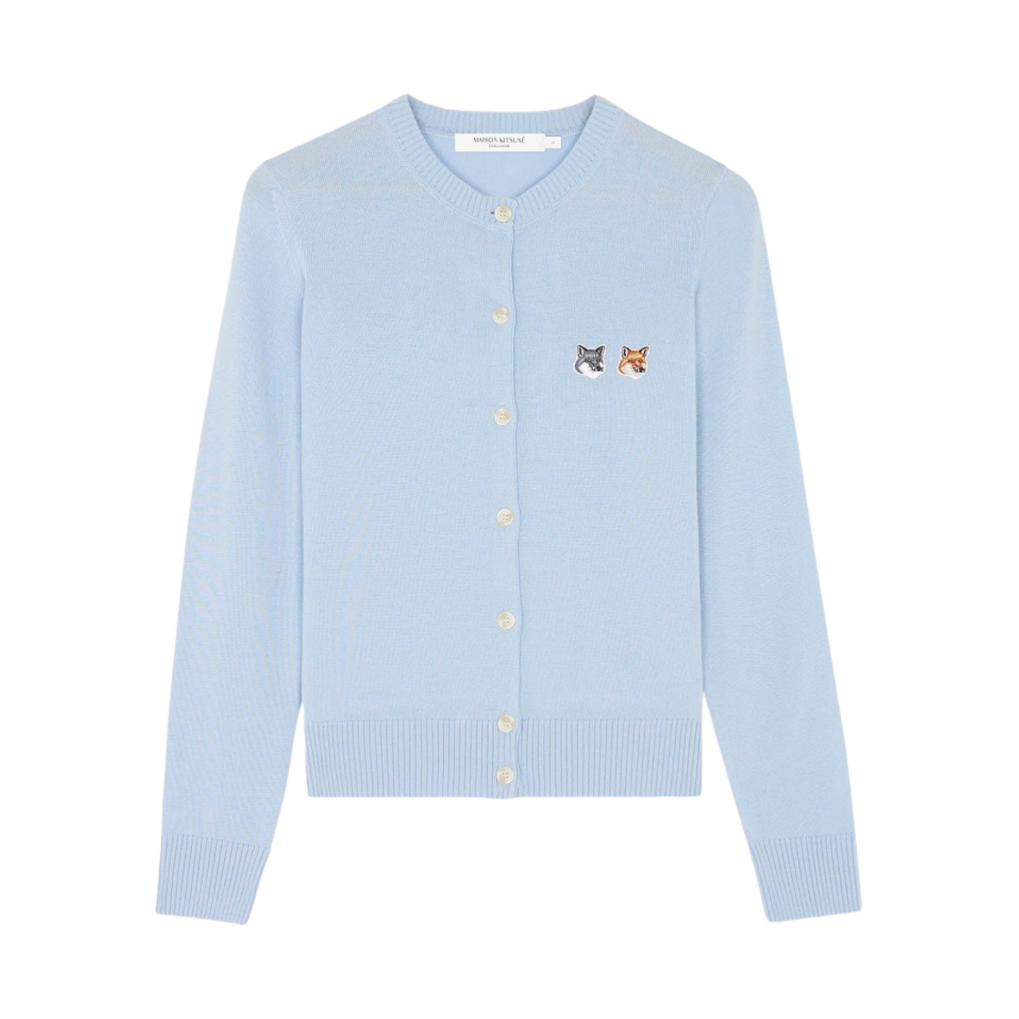 (W) 메종 키츠네 더블 폭스 헤드 패치 라운드넥 가디건 페일 블루((W) Maison Kitsune Double Fox Head Patch R-Neck Cardigan Pale Blue)