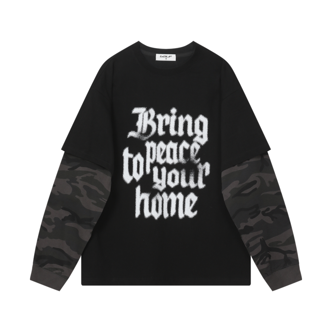 BT24FW-UCBG3 BK BAUF Peace Home Layered LS T-Shirt Camo Black