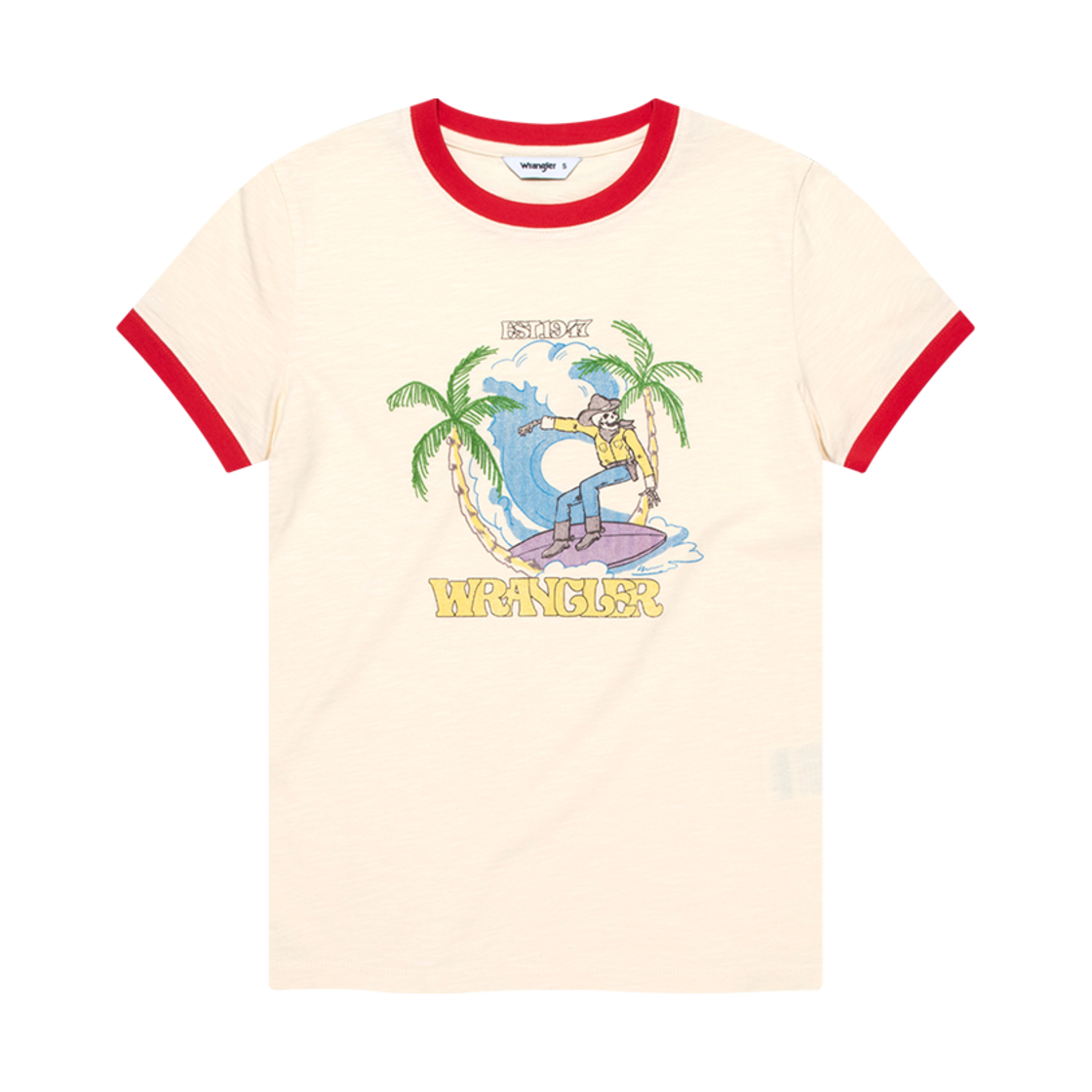 랭글러 (W) 서핑 카우보이 링거 티셔츠 레드(Wrangler (W) Surfing Cowboy Ringer T-Shirt Red)