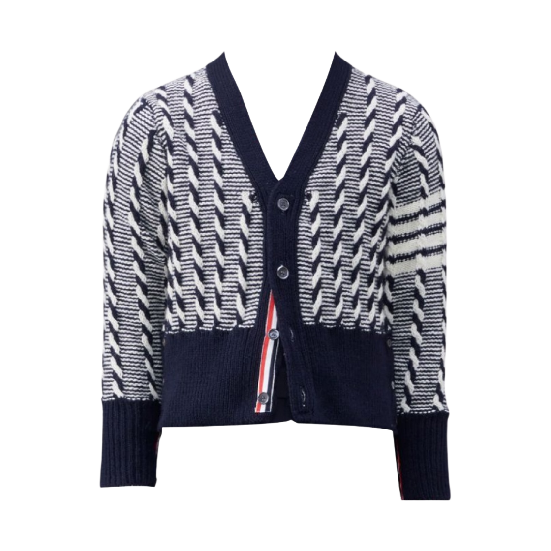 톰브라운 도네갈 바이컬러 트위스트 케이블 사선 브이넥 가디건 네이비(Thom Browne Donegal Bicolor Twist Cable 4-Bar V-Neck Cardigan Navy) - 1