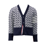 Thom Browne Donegal Bicolor Twist Cable 4-Bar V-Neck Cardigan Navy