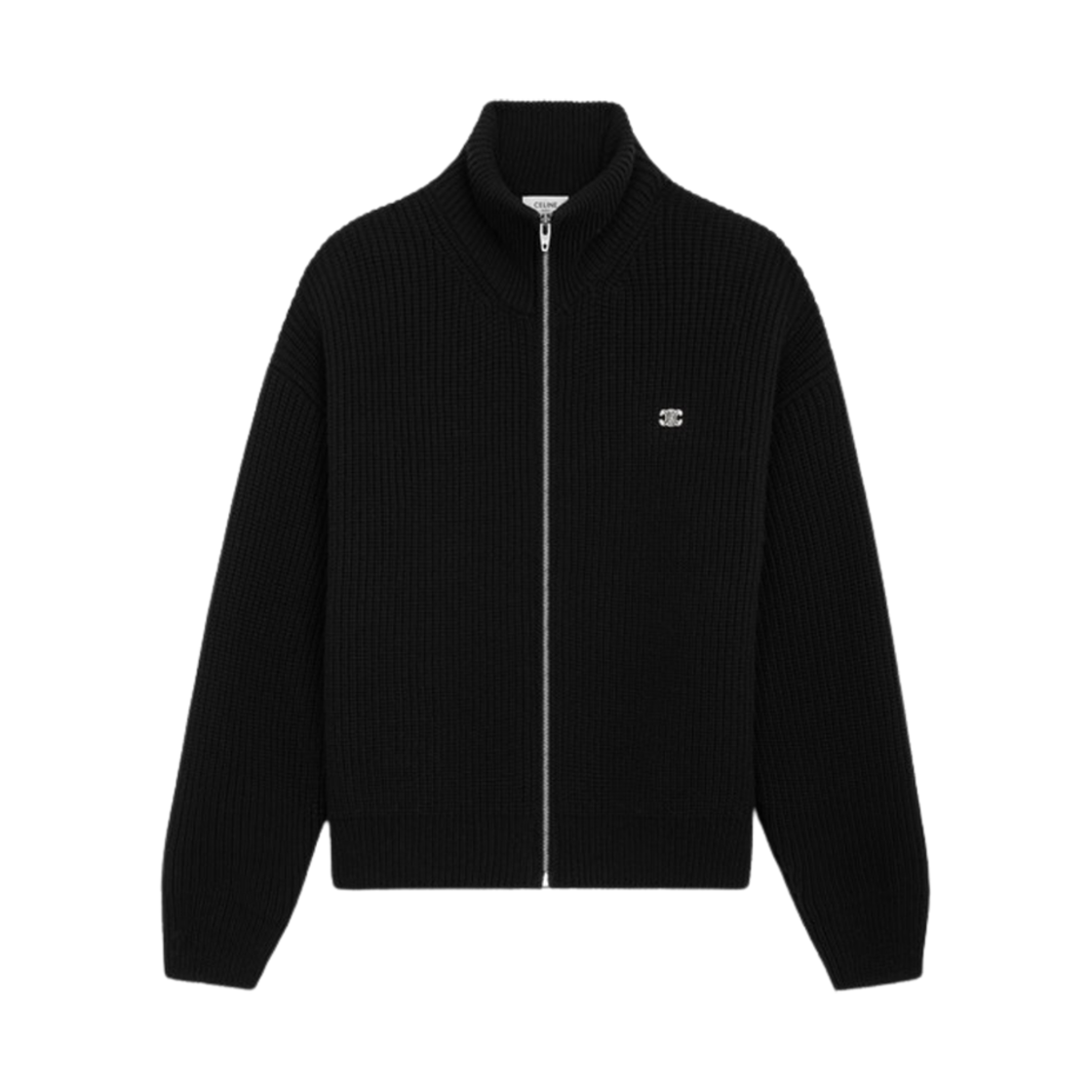 RY09T0ZPV-38NO Celine RIbbed Wool Triomphe Trucker Sweater Black