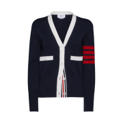 (W) Thom Browne Classic Milano Wool 4-Bar V-Neck Cardigan Blue