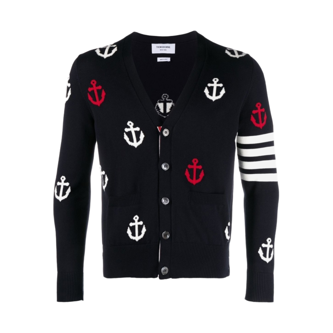 MKC467A-Y3007-415 Thom Browne Anchor Intarsia 4-Bar V-Neck Cardigan Navy