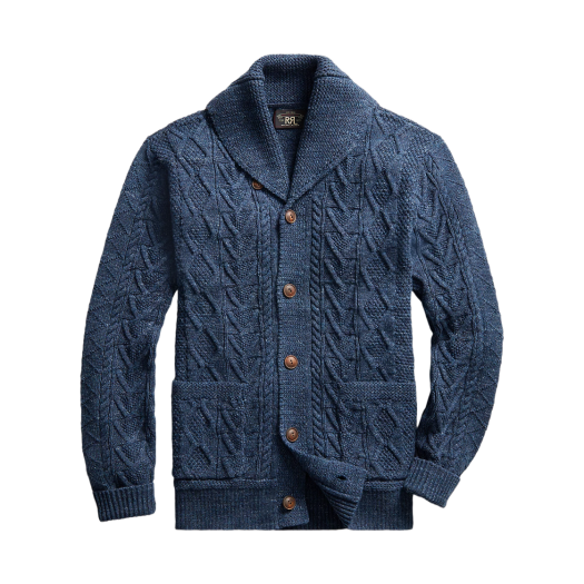 Double RL Aran Knit Cotton Cardigan Navy Header