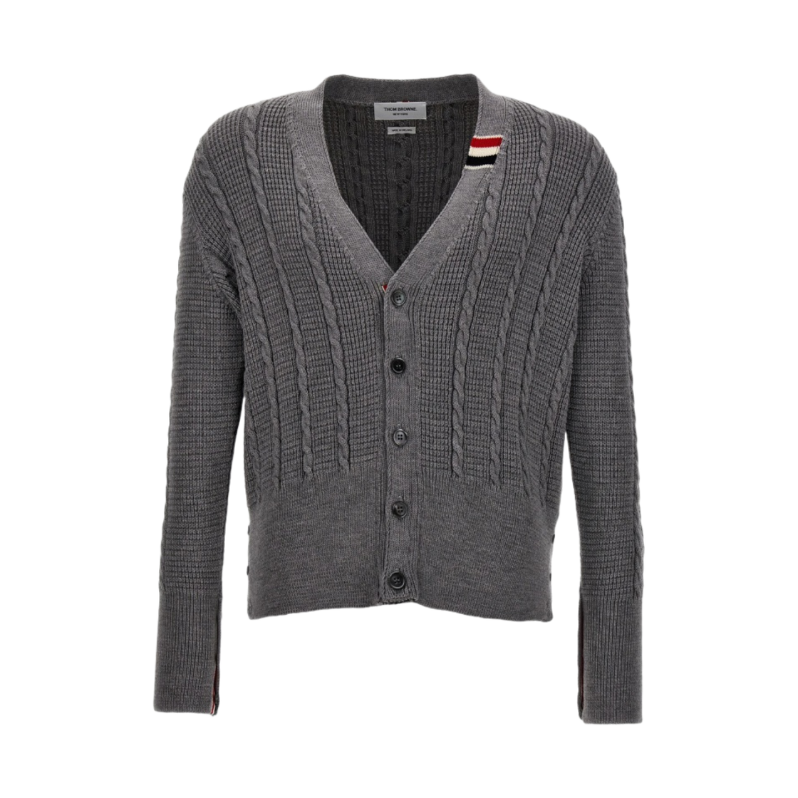 MKC513A-Y1024-055 Thom Browne Wool Relaxed V-Neck Cable Cardigan Light Grey