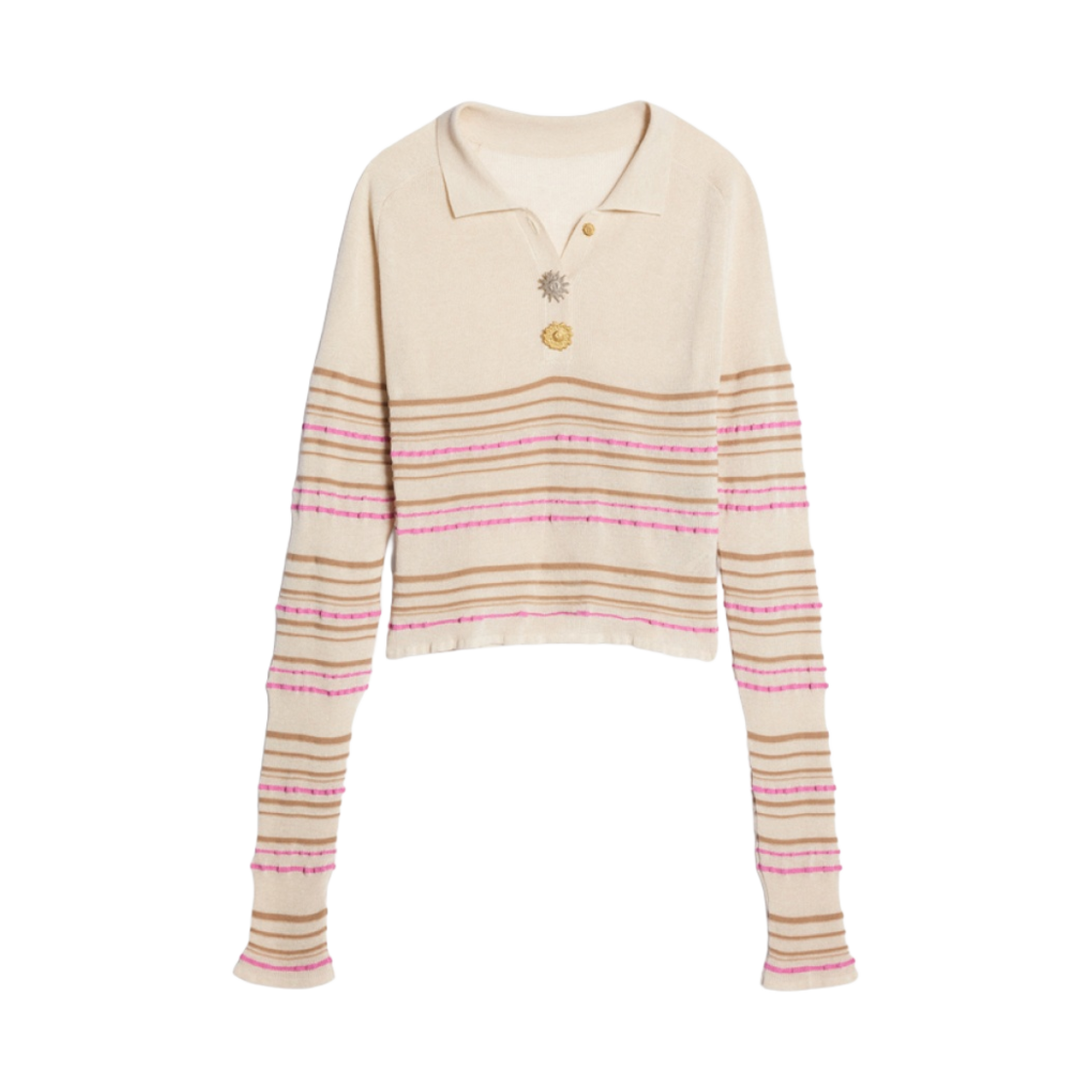 (W) 자크뮈스 라 마이유 아오우로 스트라이프 롱슬리브 니트 폴로 라이트 베이지((W) Jacquemus La Maille Aouro Striped Long Sleeve Knit Polo Light Beige) - 1
