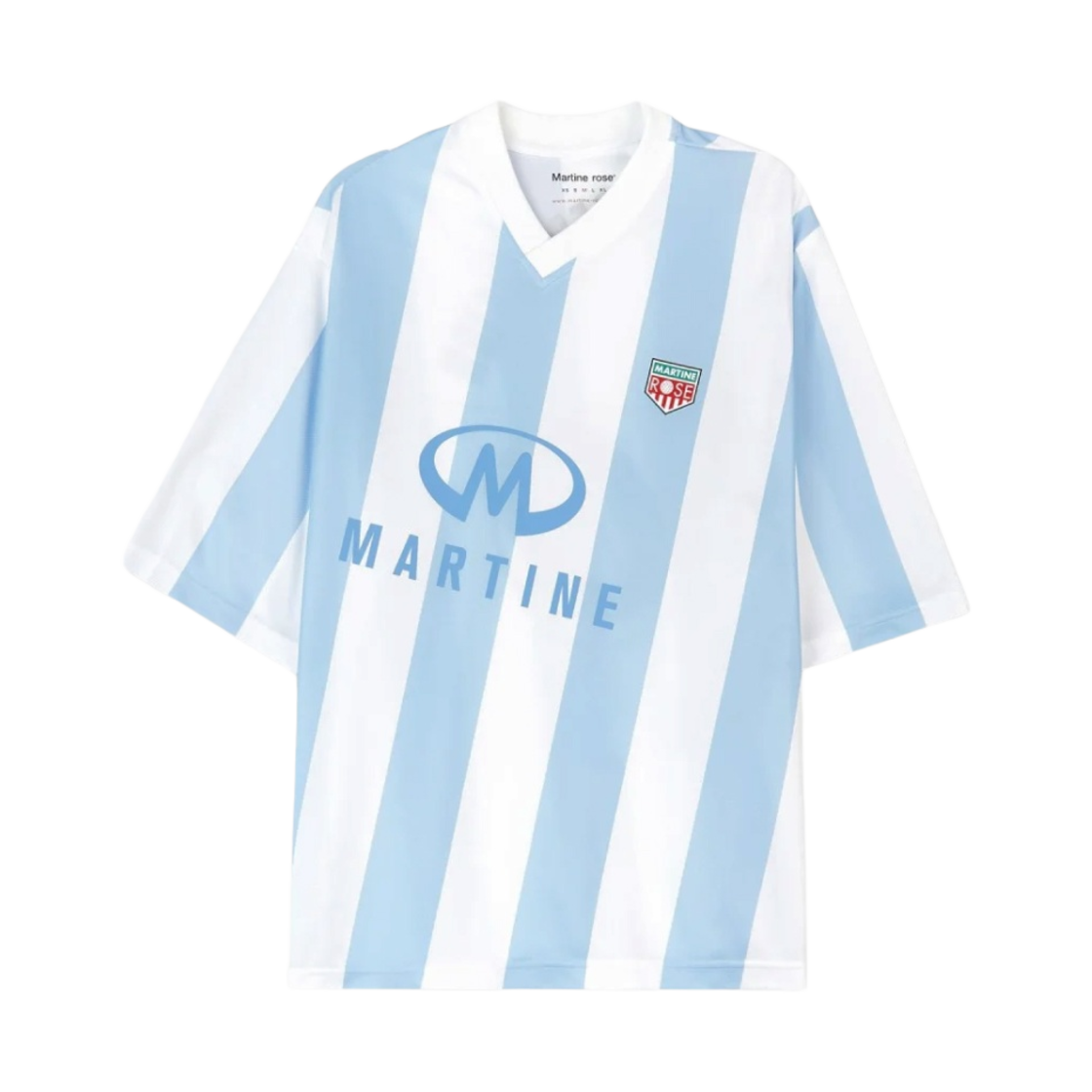 마틴 로즈 트위스트 숏슬리브 풋볼 탑 화이트 라이트 블루 스트라이프 프린트(Martine Rose Twist Short Sleeve Football Top White Light Blue Stripe Print)