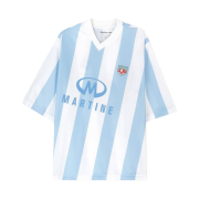Martine Rose Twist Short Sleeve Football Top White Light Blue Stripe Print