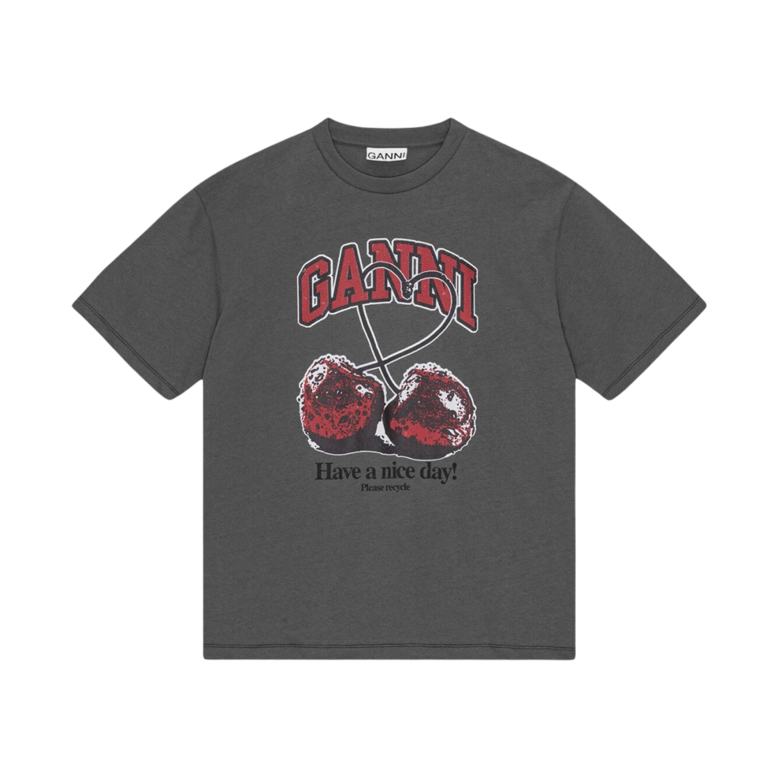 (W) 가니 퓨처 그레이 릴렉스드 체리 티셔츠 볼캐닉 애쉬((W) Ganni Future Grey Relaxed Cherry T-Shirt Volcanic Ash)