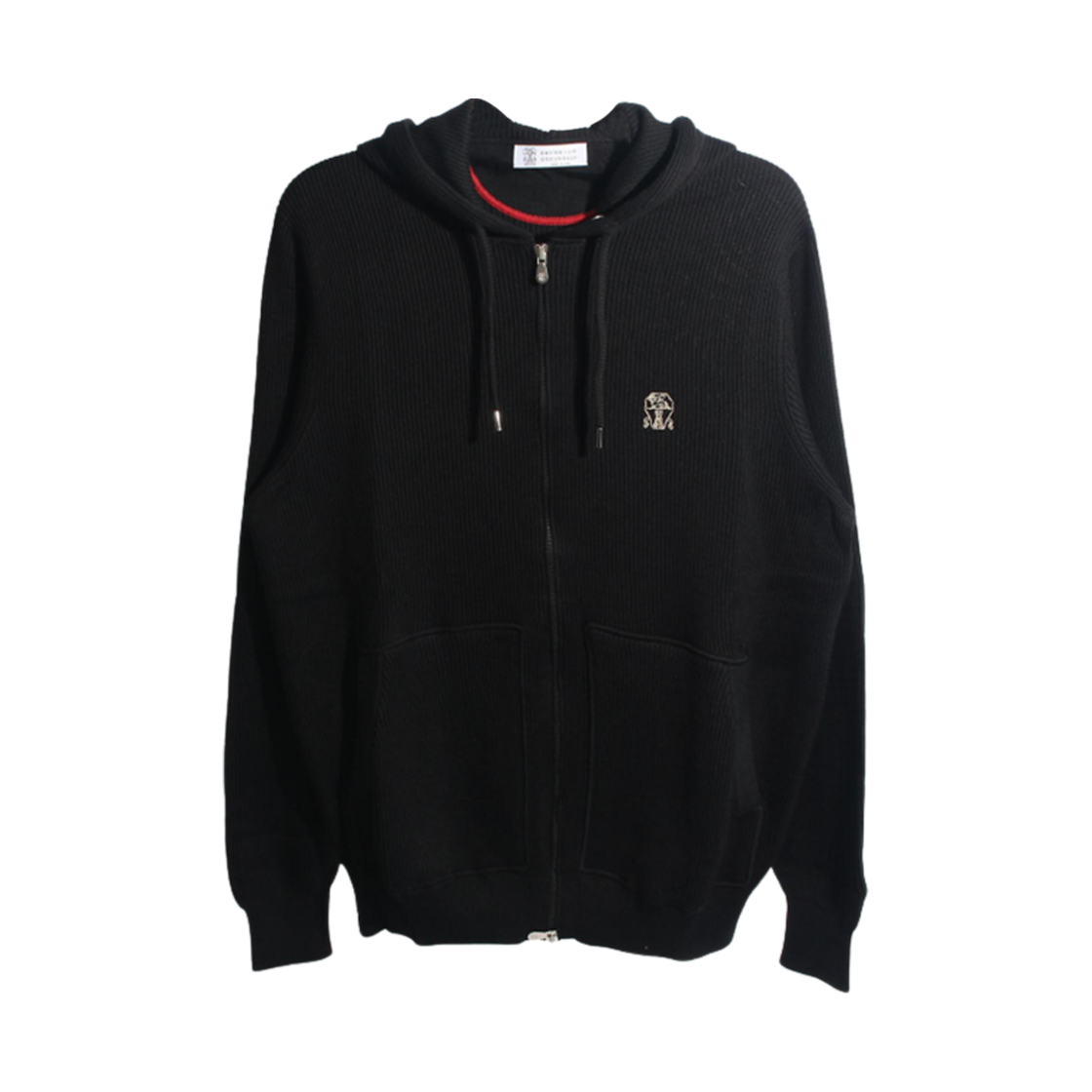 브루넬로 쿠치넬리 로고 지퍼 코튼 잉글리시 립 니트 후드 스웨트셔츠 블랙(Brunello Cucinelli Cotton English Rib Knit Hooded Sweatshirt with Logo Zipper Black)