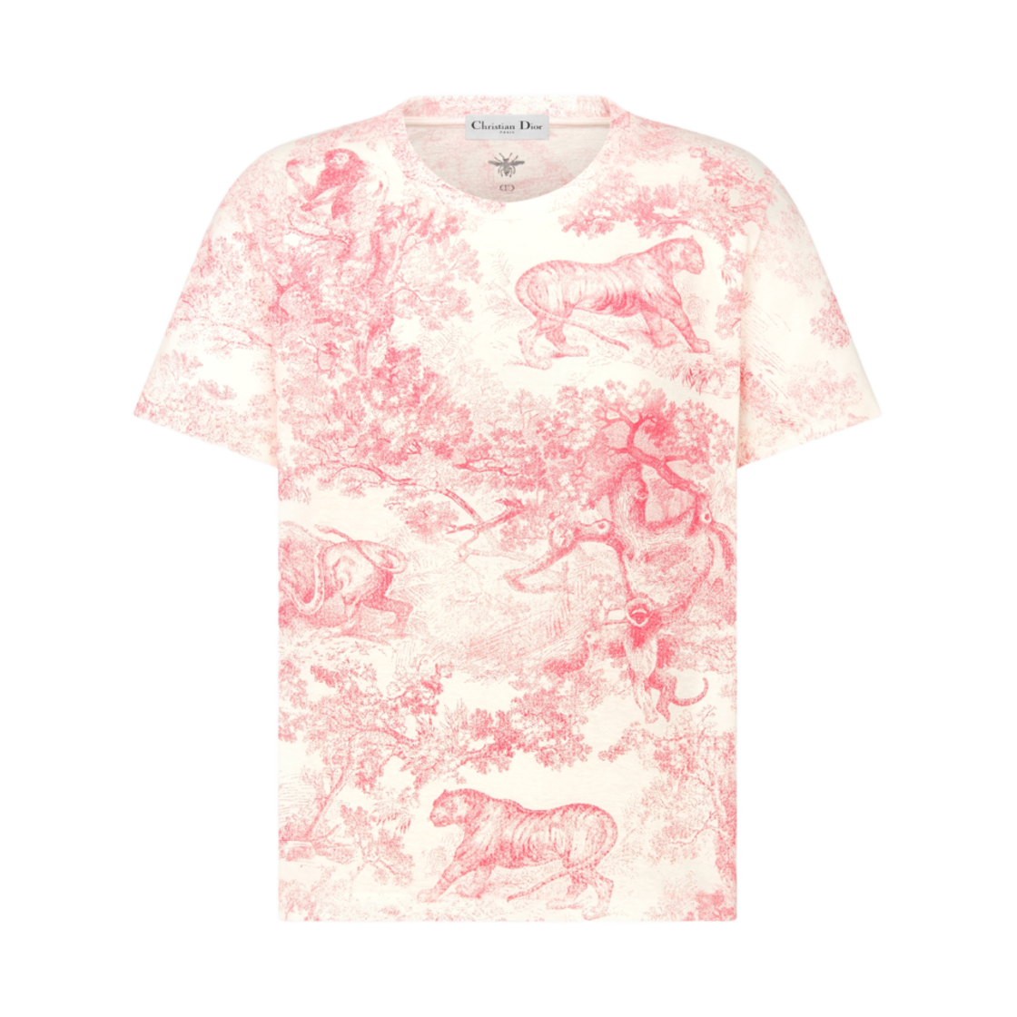 (W) 디올 코튼 앤 리넨 저지 트왈 드 주이 소바쥬 모티프 디올리비에라 티셔츠 화이트 캔디 핑크((W) Dior Cotton and Linen Jersey with Toile De Jouy Sauvage Motif Dioriviera T-Shirt White Candy Pink) - 1