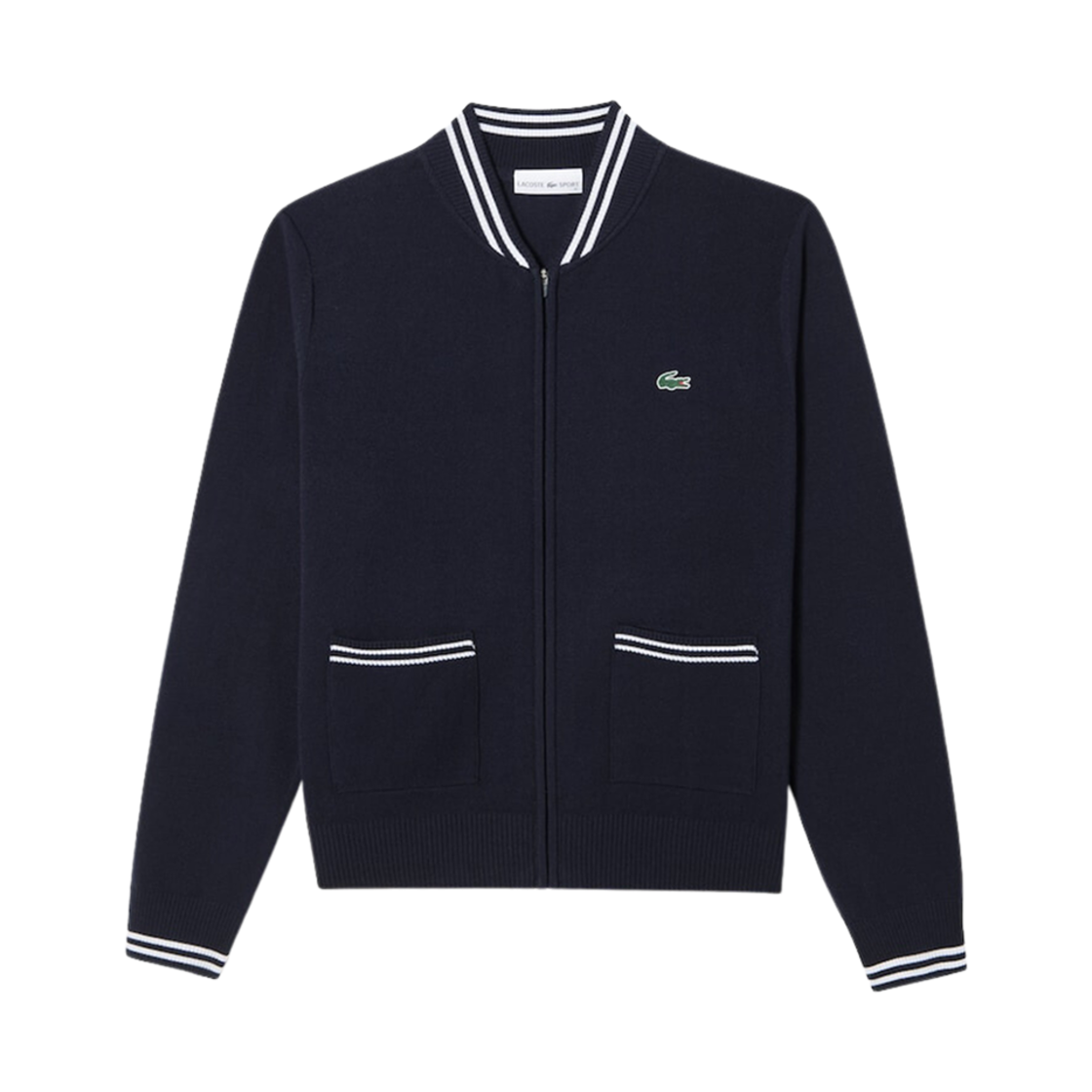 (W) 라코스테 컬러 티핑 풀 집 스웨터 네이비 블루((W) Lacoste Color Tipping Full Zip Sweater Navy Blue) - 1