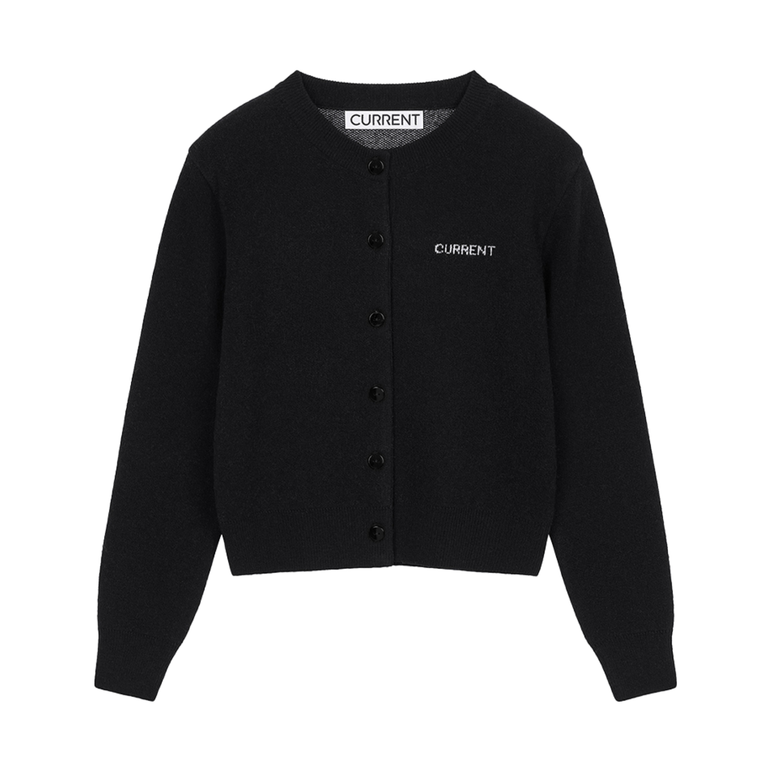 커렌트 로고 자가드 라운드넥 가디건 블랙(Current Logo Jacquard Round Neck Cardigan Black)