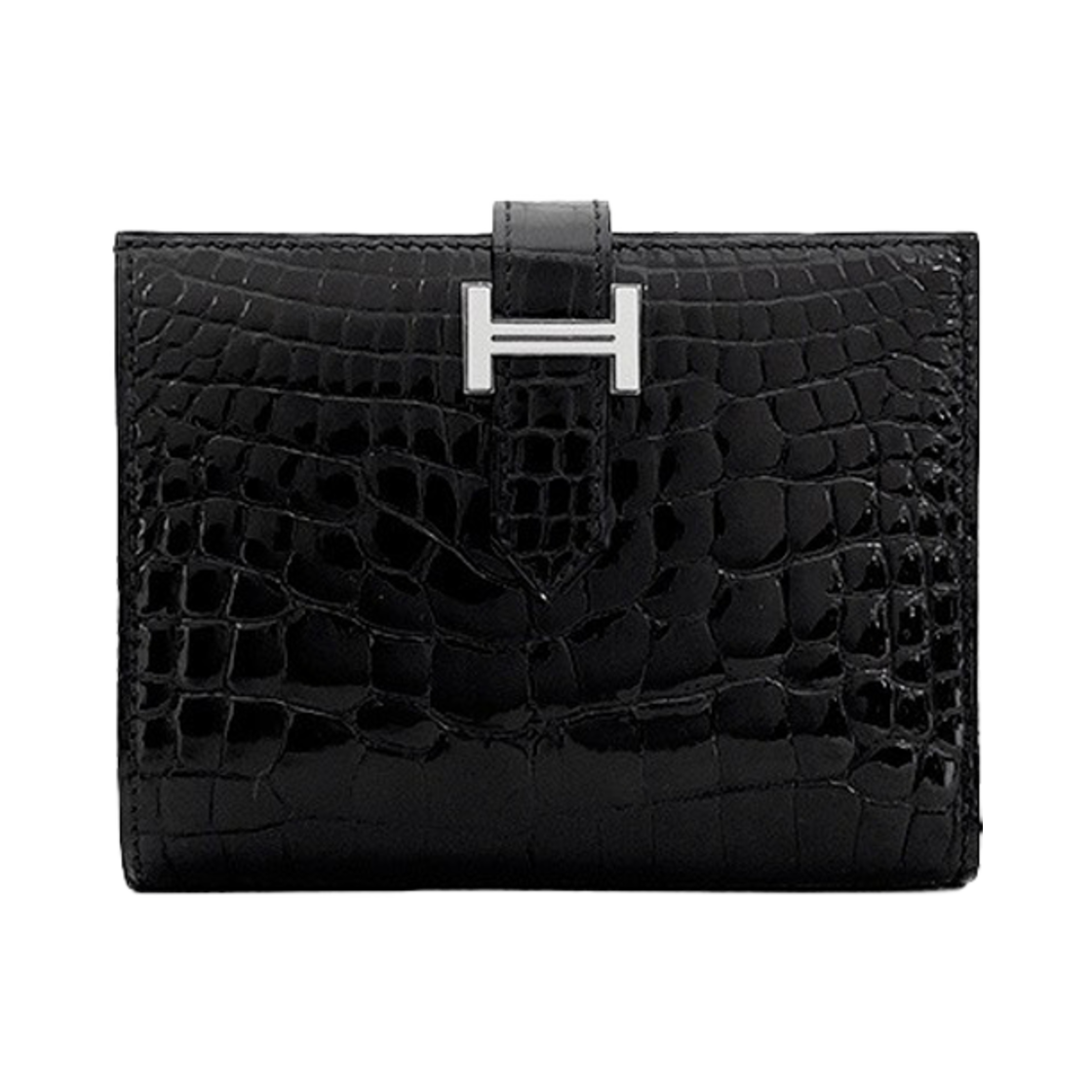 IT6UPS5KI7KQ Hermes Crocodile Bearn Wallet Black Silver B Stamp