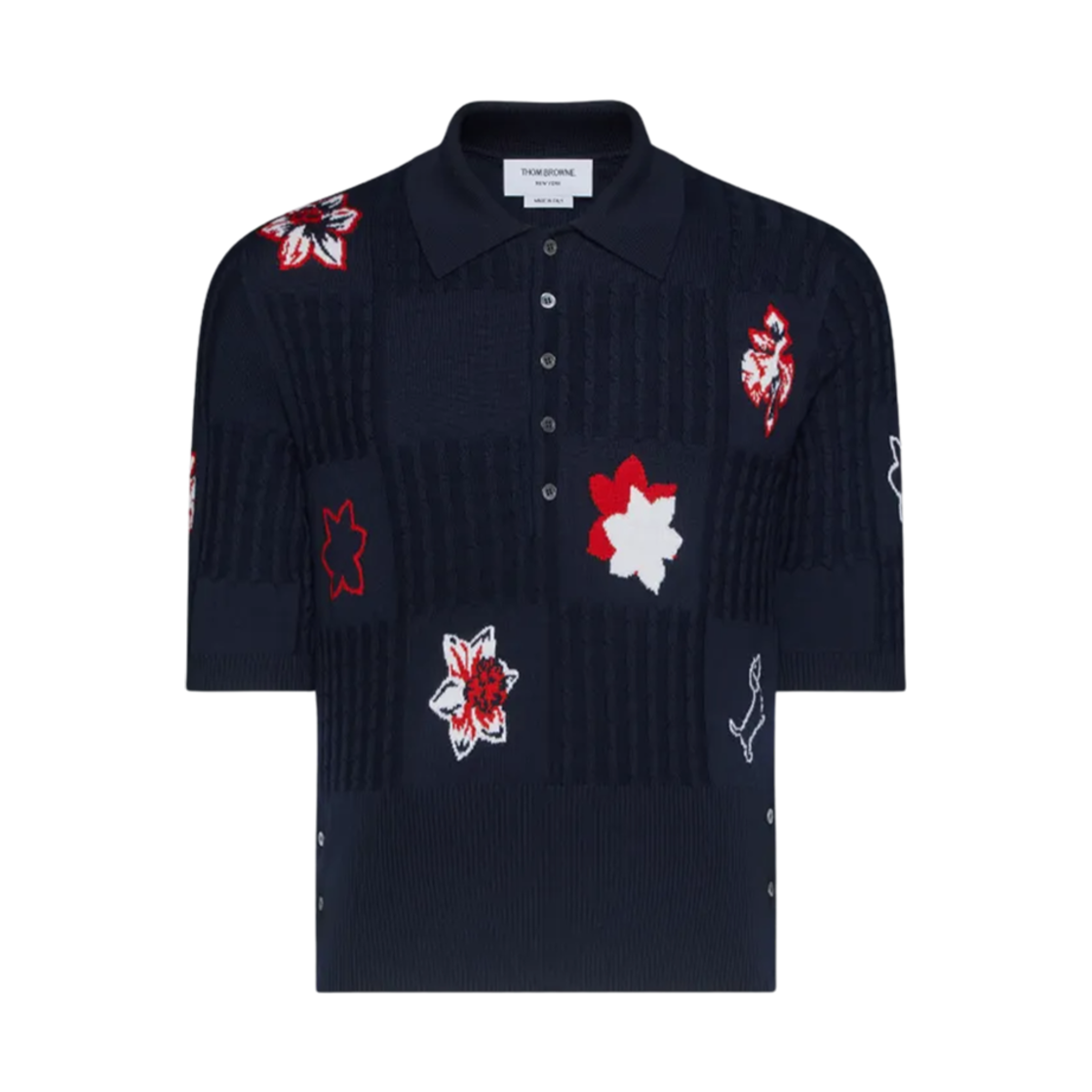 MKP131A-Y1051-415 Thom Browne Classic Merino Wool Floral Hector Polo Navy - 대표 이미지 #1