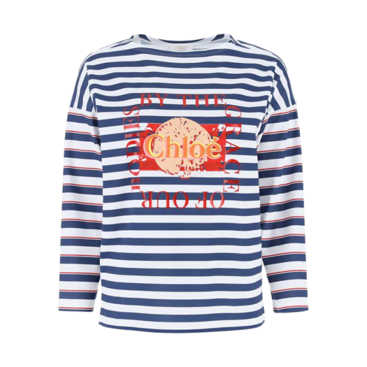 CHC20AJH02288101 (W) Chloe Logo Print Stripe Long Sleeve T-Shirt Blue