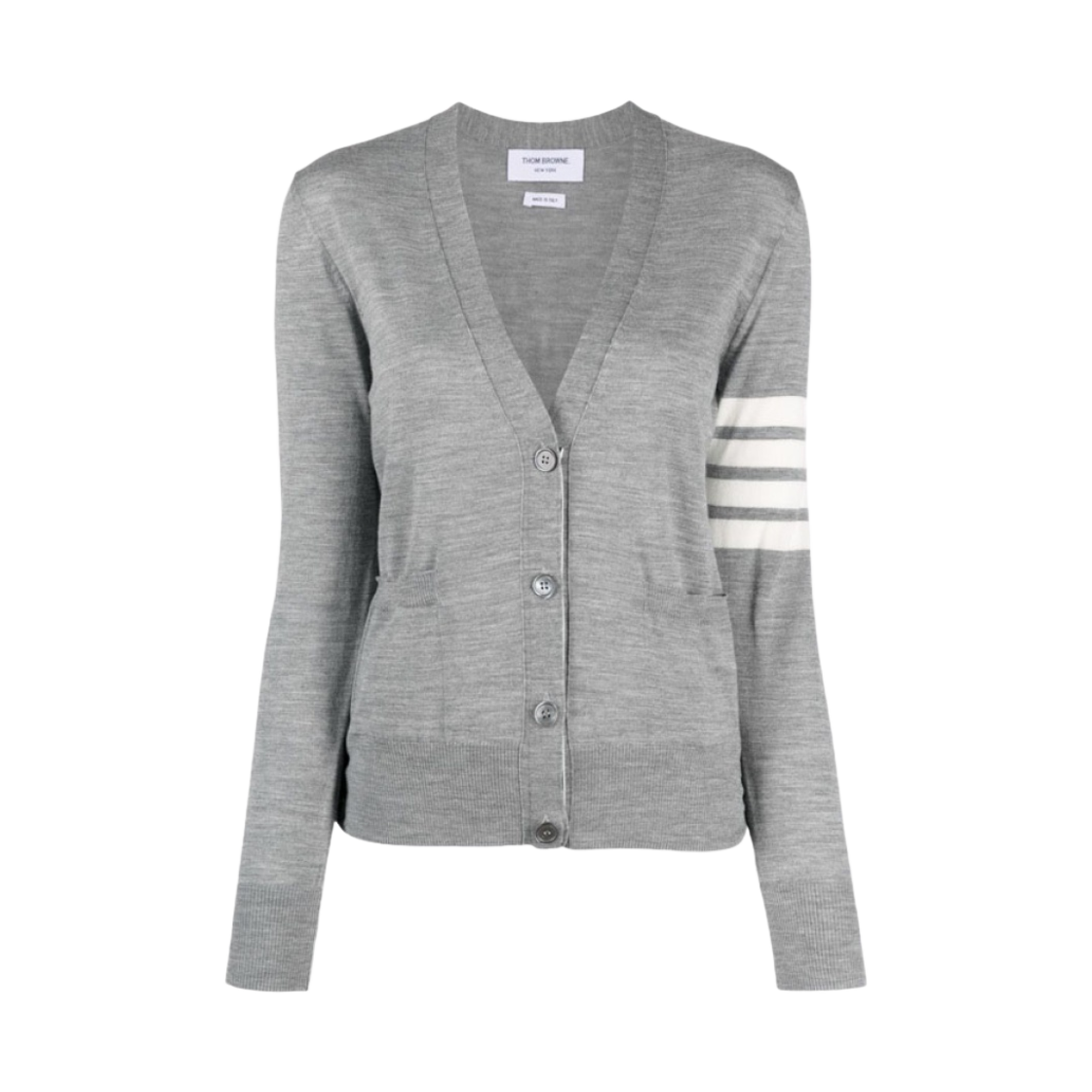(W) 톰브라운 서스테이너블 파인 메리노 울 사선 릴렉스 핏 브이넥 가디건 라이트 그레이((W) Thom Browne Sustainable Fine Merino Wool 4-Bar Relaxed Fit V-Neck Cardigan Light Grey)