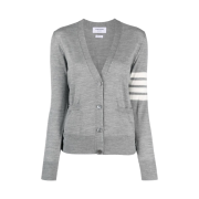 (W) Thom Browne Sustainable Fine Merino Wool 4-Bar Relaxed Fit V-Neck Cardigan Light Grey