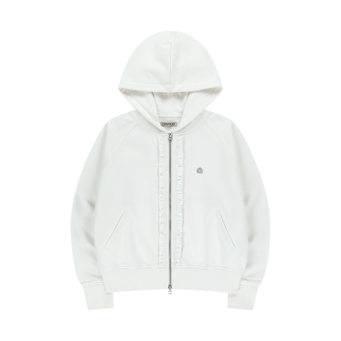코이세이오 러플 레이스 후드 집업 화이트(COYSEIO Ruffle Lace Hood Zip-Up White)