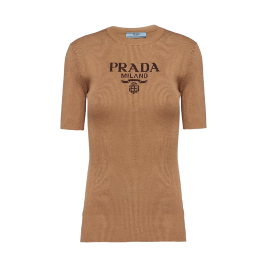 (W) Prada Silk Crewneck Sweater with Logo Camel Brown