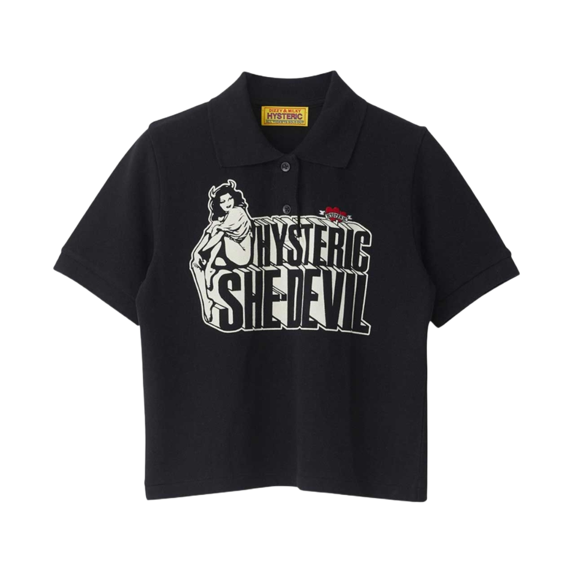 (W) 히스테릭 글래머 쉬 데빌 폴로 셔츠 블랙((W) Hysteric Glamour She Devil Polo Shirt Black) - 1
