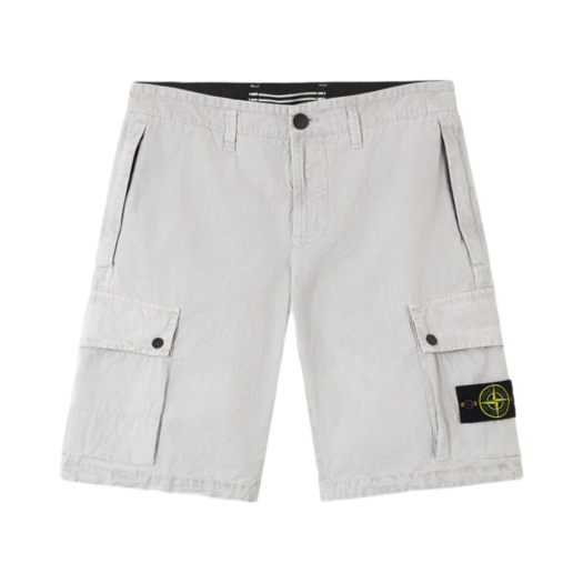 Stone Island L100011 Brushed Organic Cotton Canvas Old Effect Slim Fit Cargo Bermuda Shorts with Zip Pockets Pearl Grey - 25SS