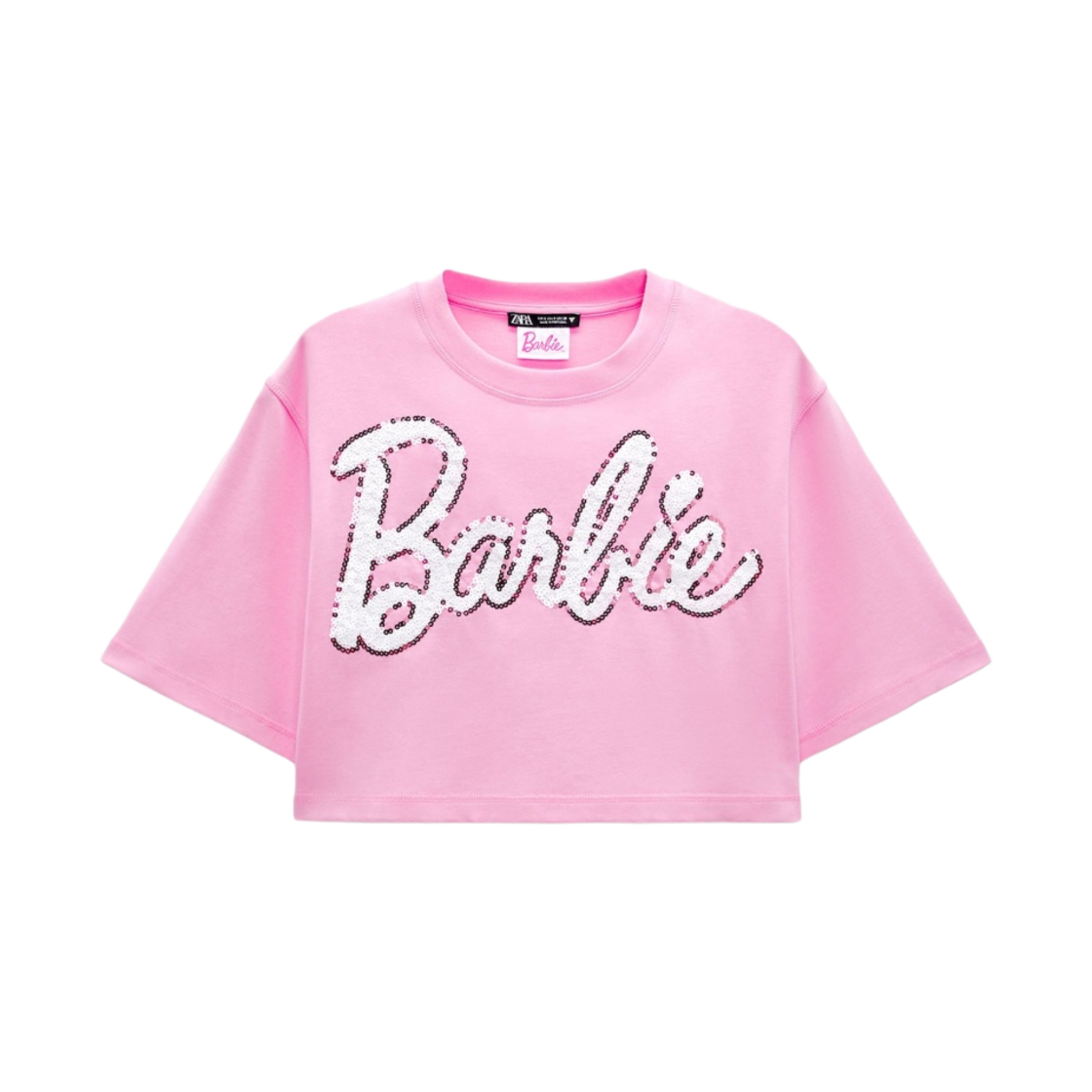 (W) 자라 x 바비 매텔 크롭 티셔츠 핑크((W) Zara x Barbie Mattel Cropped T-Shirt Pink) - 1
