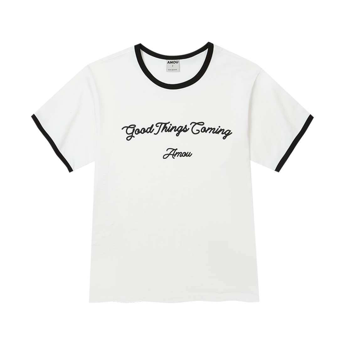 아모우 굿띵스 커밍 아치 로고 링거 하프티셔츠 화이트(AMOU Good Things Coming Arch Logo Ringer Half T-Shirts White)
