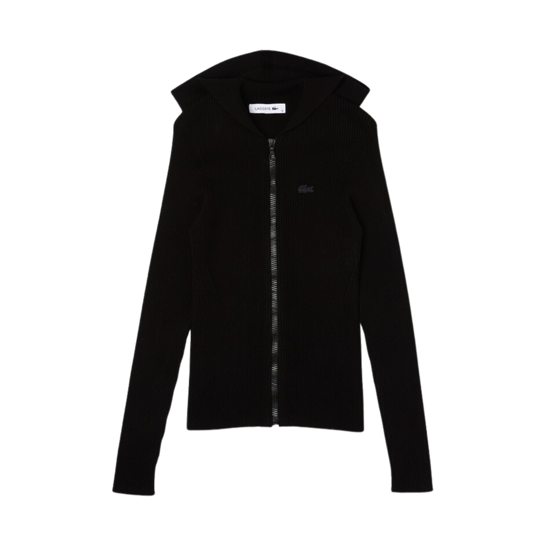 (W) 라코스테 립드 니트 후드 집업 블랙((W) Lacoste Ribbed Knit Hoodie Zip-Up Black) - 1
