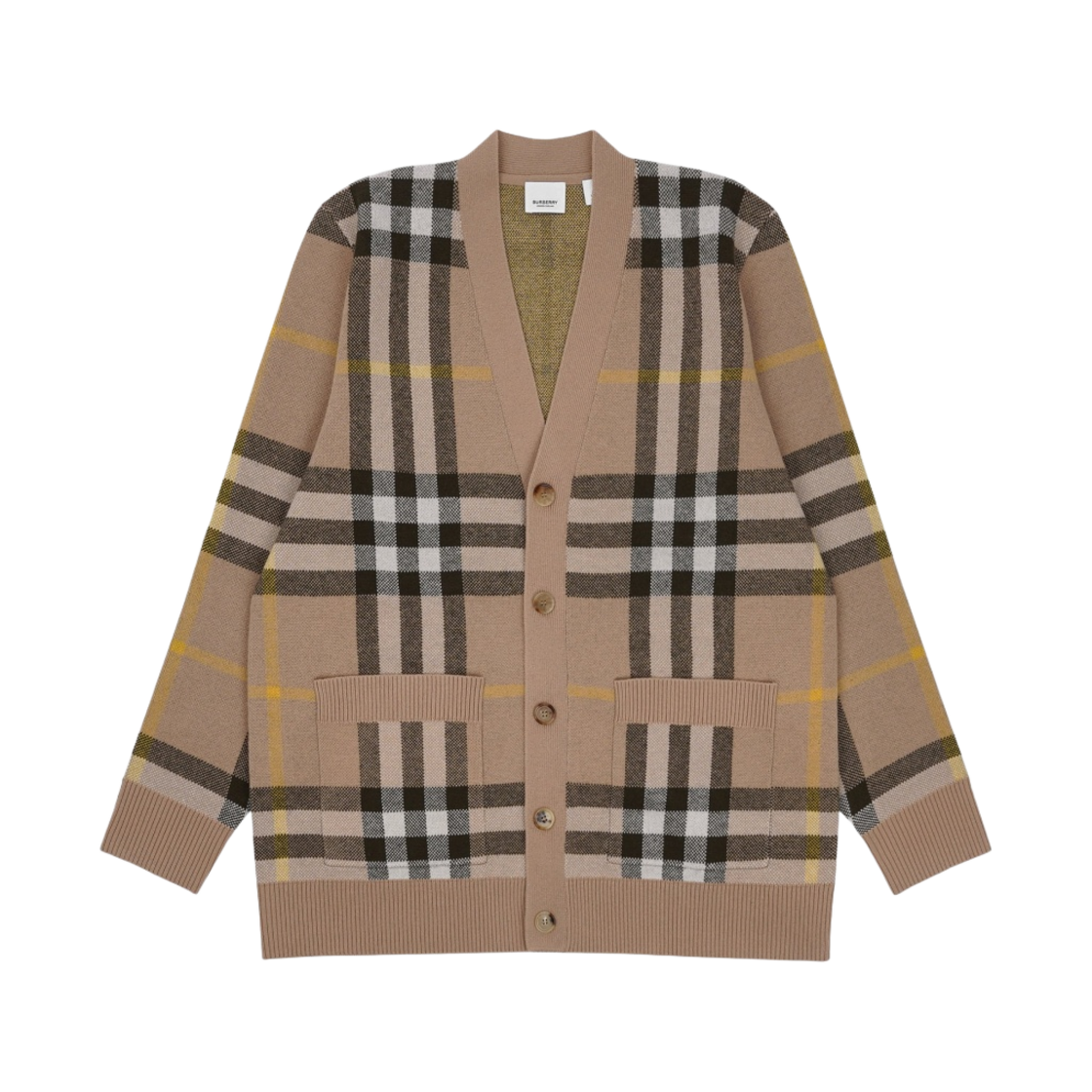 버버리 체크 울 캐시미어 자카드 가디건 트러플