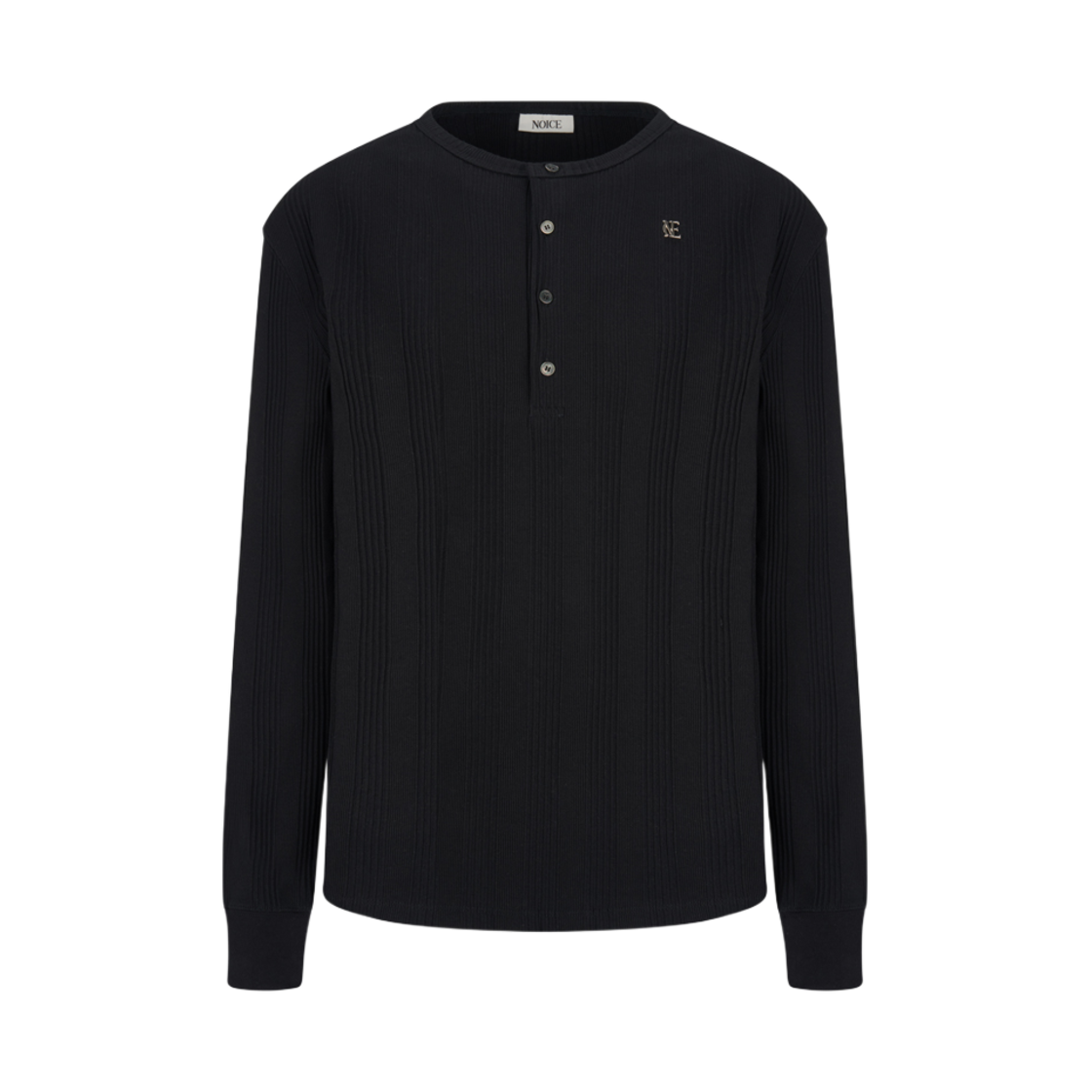 NMA5ATT05BK Noice Cotton Ribbed Long Sleeves Henley Neck Black