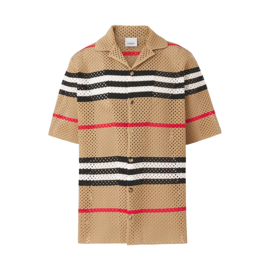 버버리 말렛 숏슬리브 아이콘 스트라이프 포인텔 니트 셔츠 카멜(Burberry Malet Short Sleeve Icon Stripe Pointelle Knit Shirt Camel) - 1