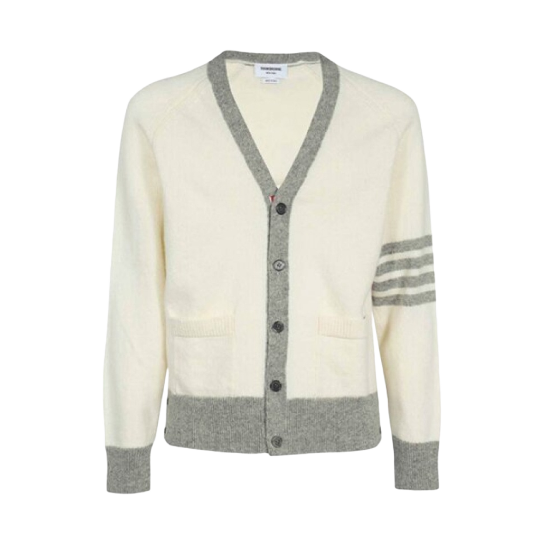 톰브라운 셰틀랜드 울 래글런 사선 릴렉스드 브이넥 가디건 화이트(Thom Browne Shetland Wool Raglan 4-Bar Relaxed V-Neck Cardigan White)