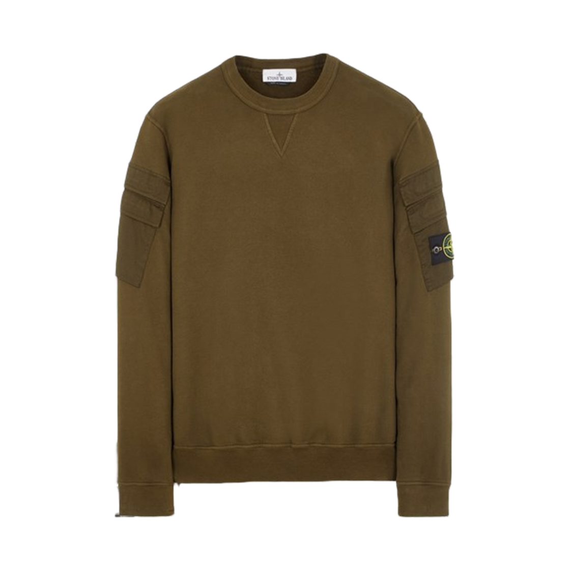 791560577-V0058 Stone Island Brushed Cotton Fleece Garment Dyed Double Pocket Crewneck Sweatshirt Olive Green - 23FW