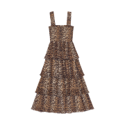 (W) Ganni Leopard Pleated Georgette Flounce Smock Midi Dress Almond Milk