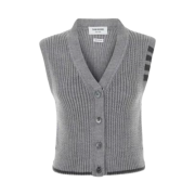 (W) Thom Browne Merino Wool 4-Bar Cropped Cable Cardigan Vest Light Grey