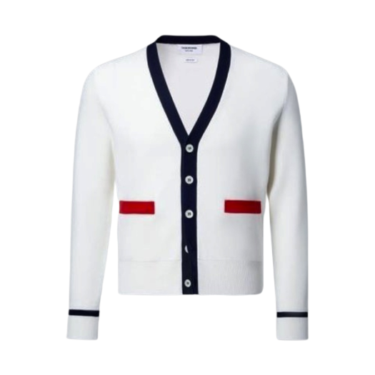 Thom Browne Cotton Milano Stitch Contrast V-Neck Cardigan White