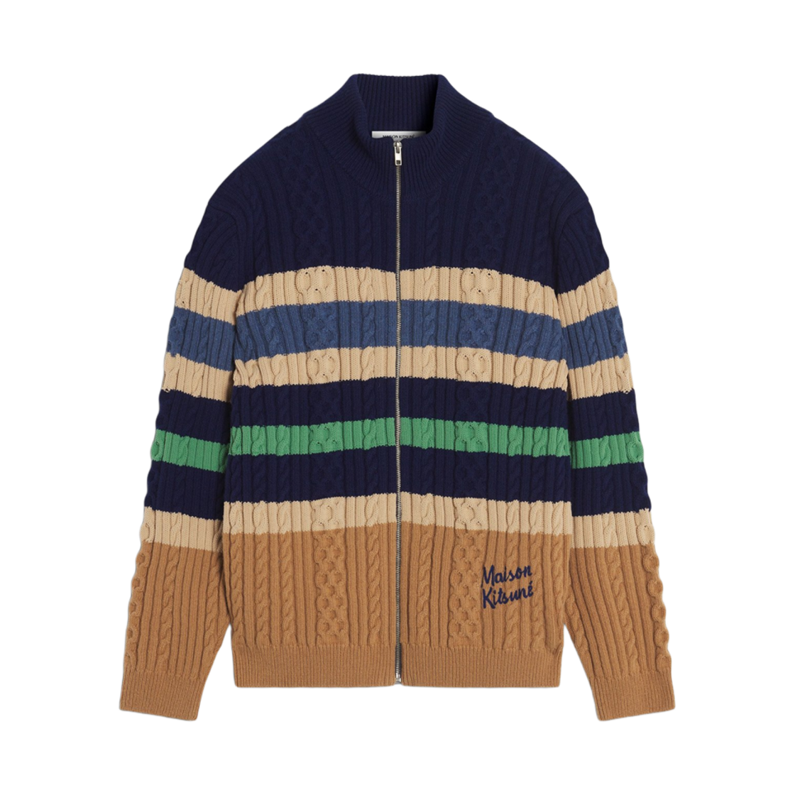 NM00505KH0001-0034 Maison Kitsune Striped Cable Zipped Cardigan Navy Chamomile