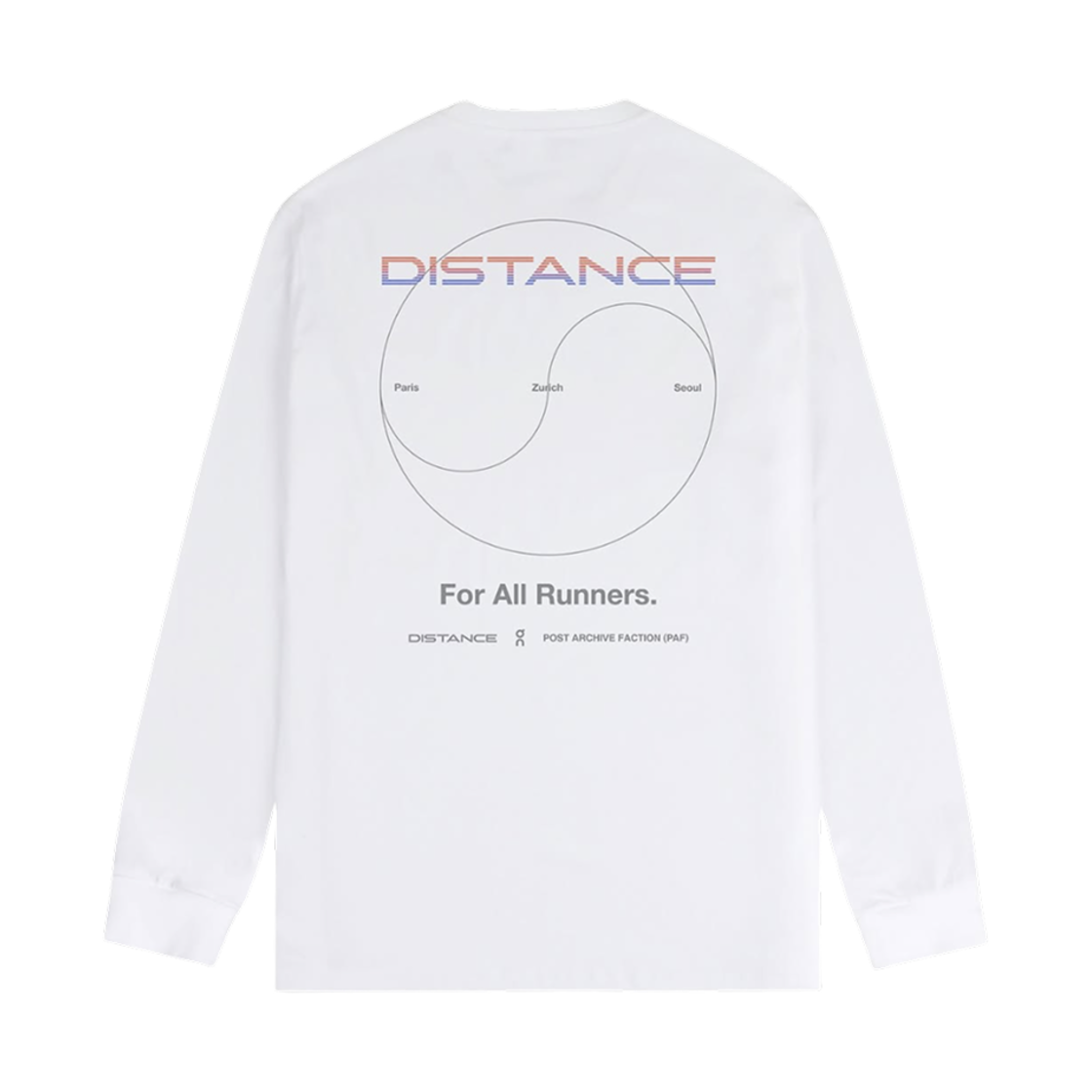 포스트 아카이브 팩션 (파프) x 온 러닝 x 디스턴스 서울 롱슬리브 티셔츠 화이트(Post Archive Faction (Paf) x On Running x Distance Seoul L/S T-Shirt White)