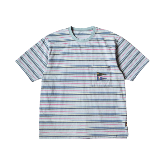 Kapital Multi Border Jersey Pennant T-Shirt 3Flags Light Blue Blue
