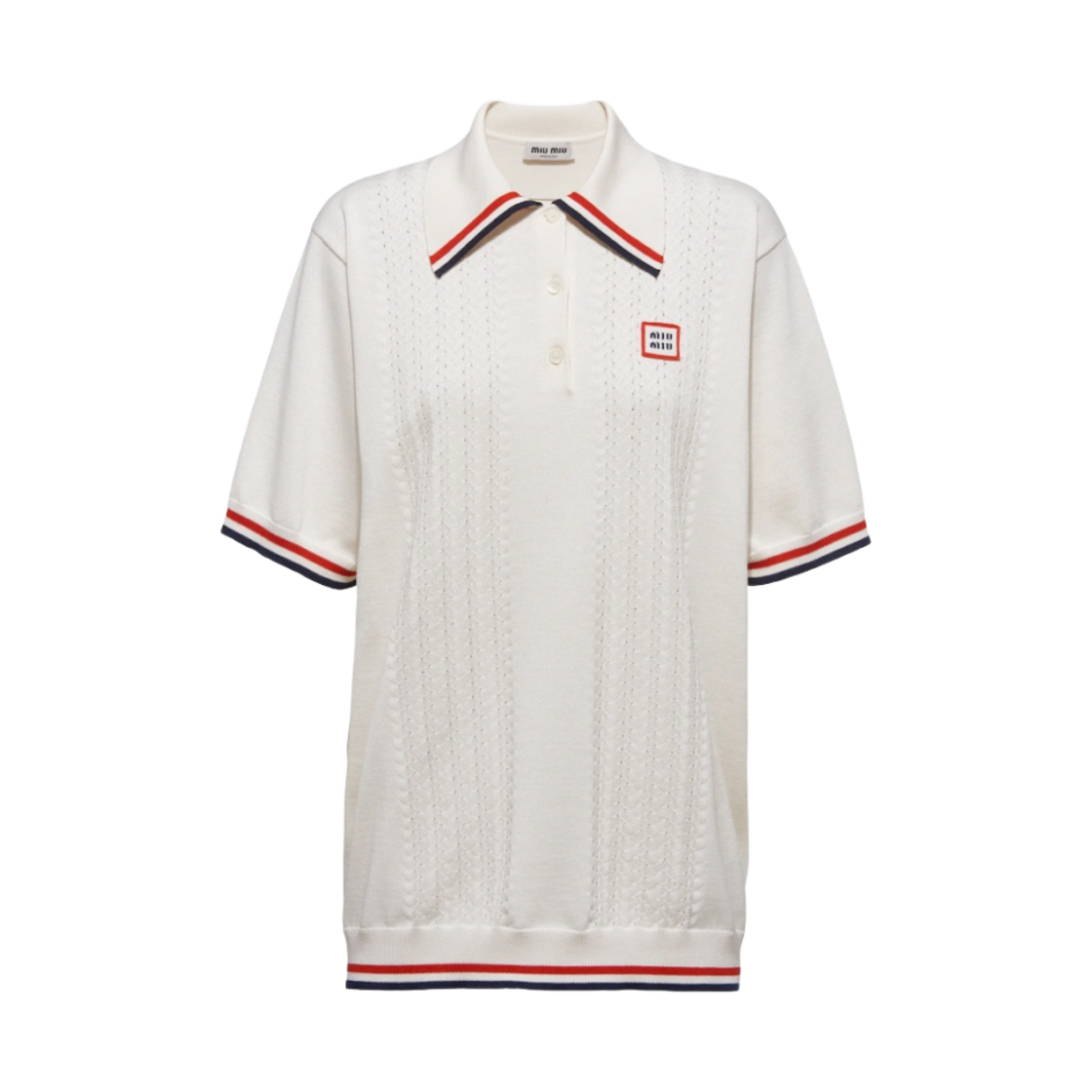 (W) 미우 미우 실크 앤 코튼 폴로 셔츠 화이트((W) Miu Miu Silk and Cotton Polo Shirt White) - 1